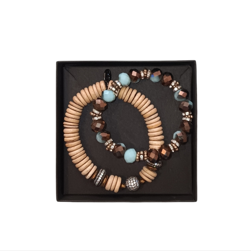 BPD 2 Piece Beaded Stretch Bracelet Set, Brown & Blue, NWOT